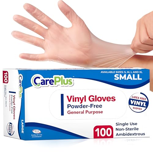 CARE PLUS Latex-Free Vinyl Gloves Clear Small Size 100 Count | Heavy Duty, Non-Sterile, Powder-Free, Rubber | Food Prep, Kitchen & Cleaning Gloves, Ideal for Professional Use - color: Vinyl Clear, size: Small