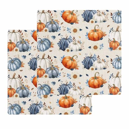Fall Blue Orange Pumpkin Dish Towels Set, Waffle Weave Kitchen Towels 2 Pieces, Autumn Thanksgiving Retro Leaf Microfiber Hair Face Bath Tea Towel Absorbent Quick Drying Cleaning Dish Cloths, 12"x12" - color: Blue Biscotti Beige, size: 2PCS,12"x12"