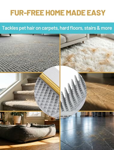 Carpet Rake for Pet Hair Removal: DELOMO Carpet Scraper Broom with 54” Adjustable Long Handle, Dual-Sided, Metal + Short Silicone for Carpets & Rugs, Extended Silicone for Shag Rugs & Hard Floors