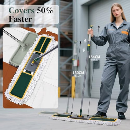 Masthome 36" Commercial Dust Mop, 60" Telescopic Handle Heavy Duty Floor Mop, Wet Dry Industrial Mop with 3 Reusable Pads for Hardwood Marble Laminate Tile, Home Gym Office Use - color: Green Large