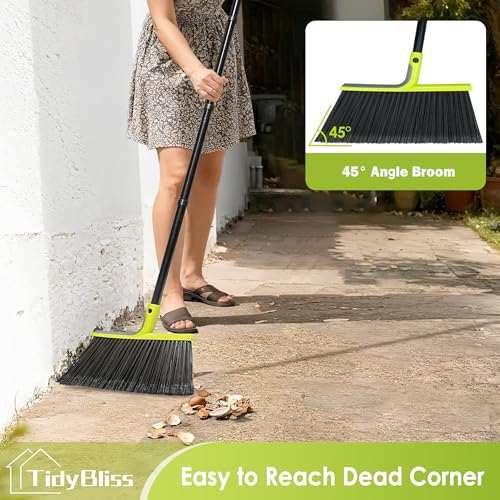 TidyBliss Outdoor Broom Heavy Duty, 56 inches Tall Commercial Soft Bristle Angle Brush for Sweeping Outside Patio Garden Porch Deck Shop Restaurant Garage House Lobby Hardwood Floors (Green)