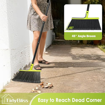 TidyBliss Outdoor Broom Heavy Duty, 56 inches Tall Commercial Soft Bristle Angle Brush for Sweeping Outside Patio Garden Porch Deck Shop Restaurant Garage House Lobby Hardwood Floors (Green)