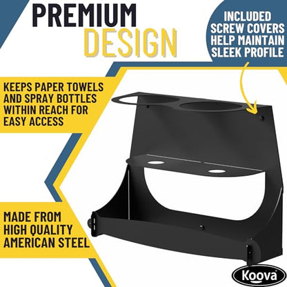 Koova Spray Bottle & Paper Towel Rack Heavy Duty- Wall Mount Storage for 2 Spray Bottles and Paper Towel Roll Utility Organizer Hardware Included - Made in USA Sturdy Metal Holder for Home and Garage