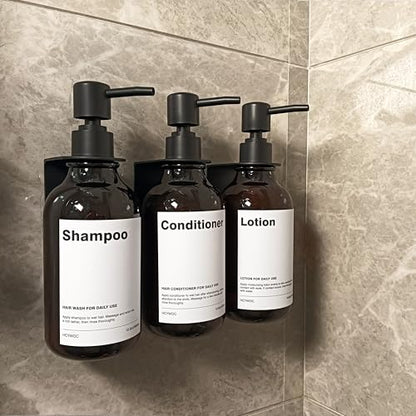 Shampoo Dispenser for Shower Wall, Shampoo and Conditioner Dispenser with 16 Waterproof Labels, Shower Dispenser 3 Chamber No Drill, Shower Soap Dispenser Wall Mounted for Bathroom, 17oz, Amber - color: 2-amber Bottle + Black Pump