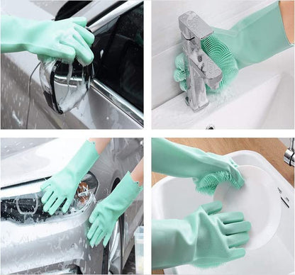 Silicone Dishwashing Gloves, Pet Grooming Rubber Scrubbing for Dishes, Sponge Wash Cleaning with Scrubbers (13.6" L) - color: Green