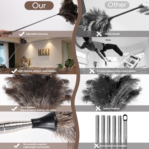 THARAHT Extendable Ostrich Feather Duster up to 16-47 inches Fluffy Feathers Long Handle Reusable for Cleaning Ceiling Fan Pendant lamp High Ceiling Blinds Furniture Feather Duster - size: 16-47inch