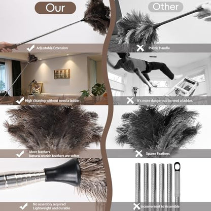 THARAHT Extendable Ostrich Feather Duster up to 16-47 inches Fluffy Feathers Long Handle Reusable for Cleaning Ceiling Fan Pendant lamp High Ceiling Blinds Furniture Feather Duster - size: 16-47inch