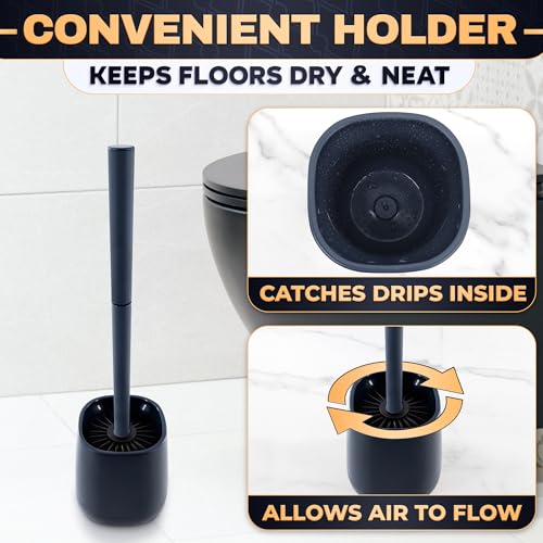 Toilet Brush and Holder Set - Silicone Toilet Bowl Brush with Black Holder Base, Compact Bath Accessory for Small Spaces - Easy to Place and Simple to Store After Use, Plastic Bathroom Cleaning Tool - color: Black