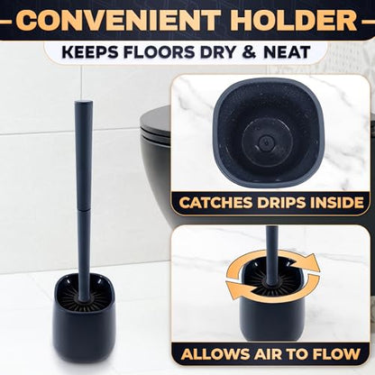 Toilet Brush and Holder Set - Silicone Toilet Bowl Brush with Black Holder Base, Compact Bath Accessory for Small Spaces - Easy to Place and Simple to Store After Use, Plastic Bathroom Cleaning Tool - color: Black