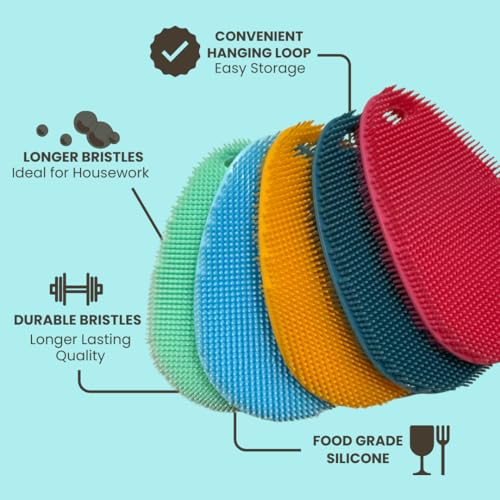 Silicone Sponge Dish Scrubber - Food Grade and Housecleaning - BPA Free Silicone Kitchen Scrubber [5 Pack Ovals Summer] - color: Summer