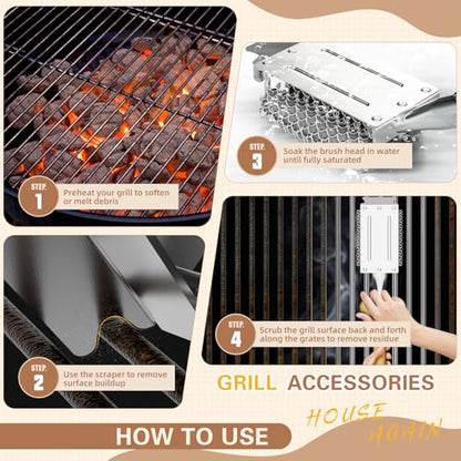 HOUSE AGAIN Grill Brush and Scraper Bristle Free with Dual Grip, 304 Stainless Steel Food-Grade Brush Head, Outdoor Grill Cleaning Brush Safe BBQ Grill Accessories Cleaner for Porcelain/Weber/Charcoal - style: Natural Wood + Dual Grip