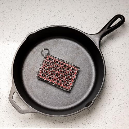 Outset Chain Mail Cast Iron Cleaner and Scrubber Tool with Silicone Support Pad - size: 4.5" x 3.25" Scrubber With Silicone Pad