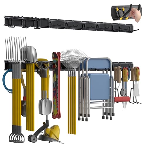 Garage Tool Organizer Wall Mount with 64 inches Rails and 10 Adjustable Heavy-Duty Hooks, Garden Tool Organizer, 14 Pack Carries 630 lbs, Heavy Duty Garage Storage Rack For Yard, Shed, Easy to install - size: 64 inch with 4 Panels & 10 Hooks
