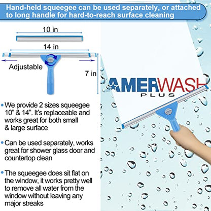 AMERWASH PLUS Window Squeegee Washing Kit for High Window, Shower Glass Door, Mirror Cleaning, with 69-inch Extension Pole, Extra 14'' Wide Squeegee and 2 Microfiber Scrubbers Included