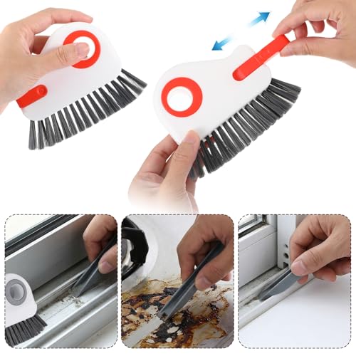 Qianyu 2 PCS Groove Cleaning Brush 2 in 1 Window Track Cleaning Tool Crevice Cleanings Brush Multifunction Hard Bristle with Hidden Scraper Grout Cleaner Grip Brushes for Slid Door Track Window Sill