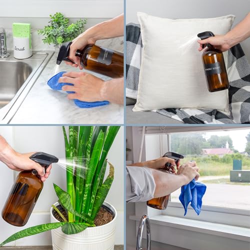 Cornucopia Brands 32oz Amber Glass Spray Bottles (Pack of 2) Brown Bottles w/ 3-Setting Trigger Sprayers; Includes Caps for Storage