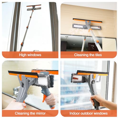 Eazer 3-in-1 Spray Window Squeegee Cleaner, 76" Window Washing Kit with 5-Section Extension Pole, Microfiber & Chenille Pads, Glass Wiper for Indoor/Outdoor & Car