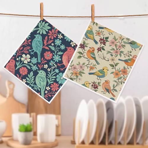 2 Pcs Singing Bird Swedish Dishcloths for Kitchen, Absorbent Reusable Paper Towels & Cleaning Cloths, Decorative Songbird Dish Towels for Home Decor, Nature Bird Lover Gifts for Women Men - color: Sz 1396