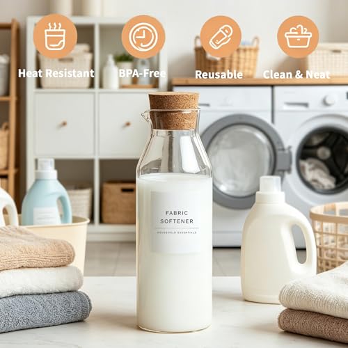 Glass Laundry Detergent Dispenser Set with Cork Lids, Fabric Softener Dispenser, Easy Pour 3 Pack Laundry Bottles, Liquid Detergent Containers, Scent Booster & Bleach Container for Laundry Room - size: 3 Bottles