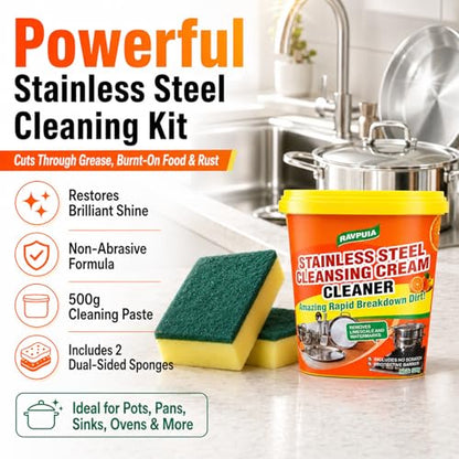 STAINLESS STEEL CLEANER & POLISH - Heavy Duty Cleaning Paste for Stove, Oven, Pans, Cookware, Sink | All Purpose Multi-Purpose Household Cleaner | Removes Grease & Stains | with 2 Sponges (500g)