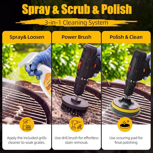 BBQ Grill Brush with Cleaning Spray, Cordless Drill Spin Brush Cleaning Kit - Nylon Safe Bristle & Wire Free, Safe for Stainless Steel, Porcelain, Charcoal Smoker Grill (Drill Not Included)