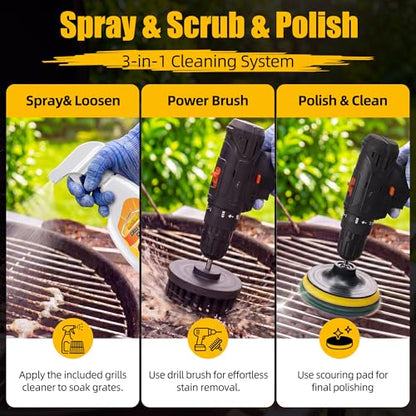 BBQ Grill Brush with Cleaning Spray, Cordless Drill Spin Brush Cleaning Kit - Nylon Safe Bristle & Wire Free, Safe for Stainless Steel, Porcelain, Charcoal Smoker Grill (Drill Not Included)