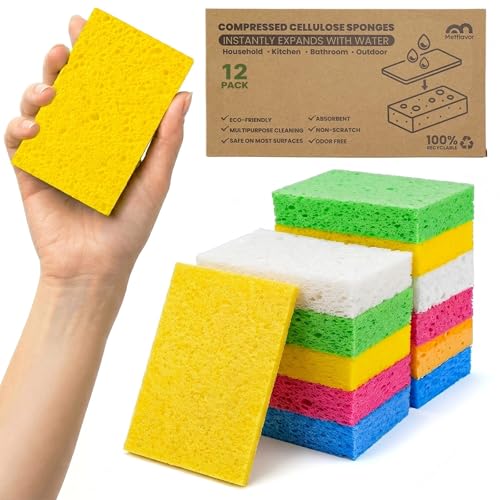 Metflavor Compressed Kitchen Sponges, 12 Count, Thick Non-Scratch Cellulose Dish Sponges, Biodegradable & Compostable, Pop-up Cleaning Sponge, 5" x 3" x 1" - size: 12 Pack