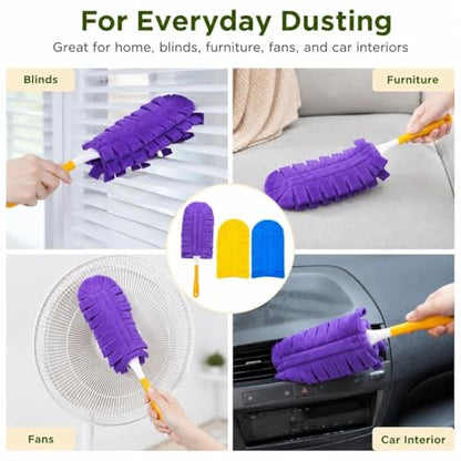 3 Pack Reusable Duster Refills with 1 Handle, Washable 360° Dusting Heads Compatible with Swiffer Dusters for Wet & Dry Cleaning, Blinds, Fans, Furniture, Cars and Pet Hair