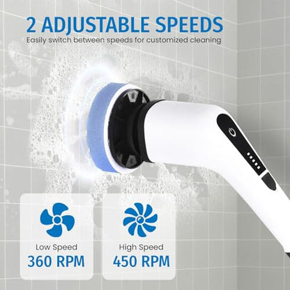 Electric Spin Scrubber, Cordless Scrubber with 7 Replaceable Cleaning Brushes and Dual Speed, Shower Cleaning Brush, Power Scrubber with Adjustable & Detachable Handle for Cars Bathroom Kitchen