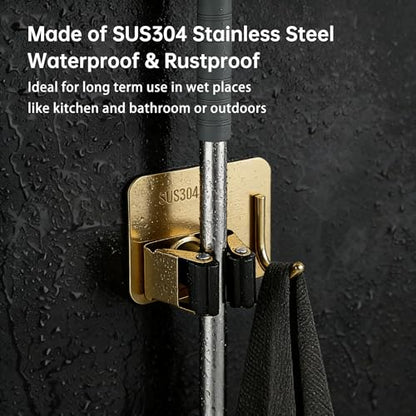 Mop and Broom Organizer Wall Hanging No Drill,Metal Utility Tool Hangers Wall Mountable,Garage Closet Organizer Heavy,Storage Rack Self Adhesive 2Pcs for Bathroom, Kitchen, Office,Laundry.Gold