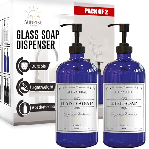 Sunrise Premium 16 OZ Cobalt Blue Glass Soap Dispenser with Pump 2 Pack, Hand and Dish Soap Dispenser Set for Bathroom and Kitchen Sink with 6 Waterproof Labels - color: Cobalt Blue Glass - Plastic Pump