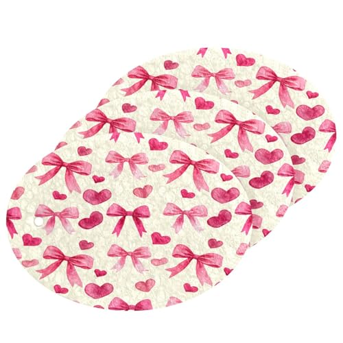 Watercolor Pink Heart and Bow Wood Pulp Sponge Kitchen Scrubbing Sponge Absorbent, Strong Adsorption for Kitchen Cleaning 3 pcs.