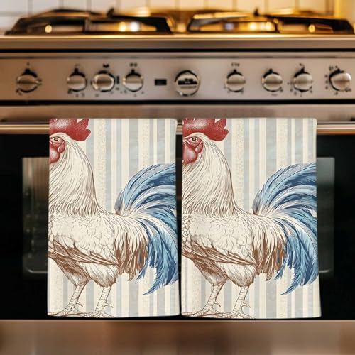 Retro Rooster Kitchen Towels Set of 3, Ultra Absorbent Dish Towels Quick Drying Microfiber Hand Towel Decorative Blue Farmhouse Animals Watercolor Tea Towel Dishcloths for Kitchen Cleaning 18"x28" - size: 3 Pack