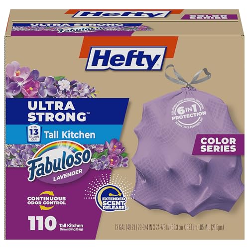 Hefty Ultra Strong 13 Gallon Trash Bags, Tall Kitchen Trash Bags 13 Gallon Size, Resist Leaks, Punctures, and Rips, Continuous Odor Control, Purple, Fabuloso Scent, 110 Bags - size: 1 Count (Pack of 110), style: Fabuloso