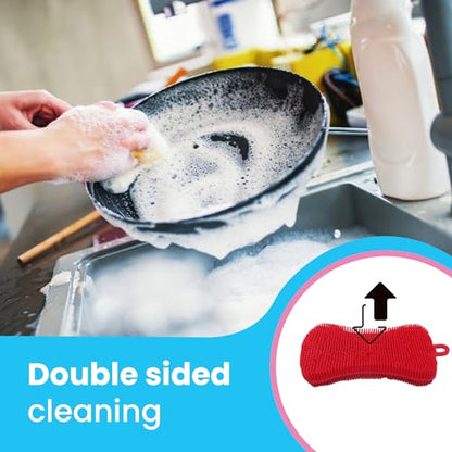 Gadgetime USA Silicone Dish Sponge - Dishwashing Kitchen Scrubber - Double Sided Sponge Brush - Multipurpose & Reusable Silicone Dish Sponges for Dishes, Fruits & Vegetables Cleaning - Pink (3 Pack) - color: Pink