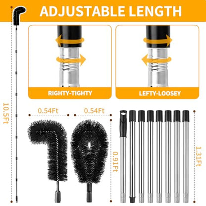 10.5FT Gutter Cleaning Tools from The Ground, Adjustable Rain Gutter Cleaning Brush with Pole, Long-Reach Gutter Cleaner & Brush, Ladder-Free Removal of Leaves, Branches & Debris