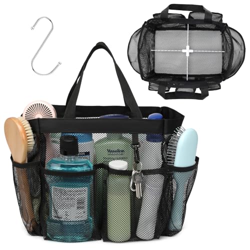 F-color Mesh Shower Caddy Portable with Dividers - Upgrade Deeper 7 Pockets Dorm Room Essentials with S Hook, Shower Bag Basket Tote for Guys Girls College Camping Toiletry Bathroom, Black - color: Black with Dividers, size: L (Classic Dorm Caddy)