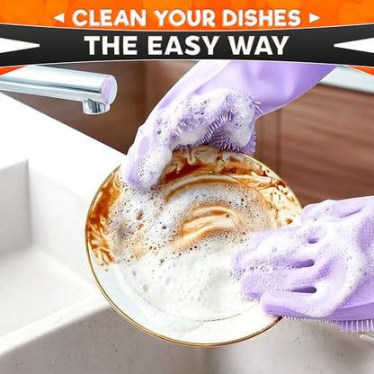 ALPENKOK Silicone Dishwashing Gloves with Scrubber – Non-Slip Silicone Gloves for Washing Dishes | Household Use - color: Purple Dishwash
