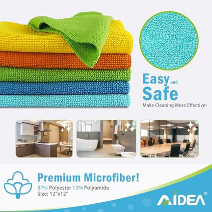 AIDEA Microfiber Cleaning Cloth, 20PK, Soft Absorbent Rags, Microfiber Towels for Cars, Kitchen Towels, Dusting Cloth for Home, Window, Cleaning Supplies, 12"×12"