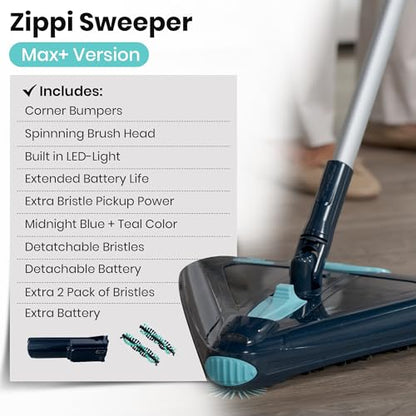 Zippi Sweeper Max Plus - 2025 Version Lightweight Sweeper, Triangular Design Allows for Sweeping in Corners, Perfect for Short Carpet Hardwood and Tile, LED Light, 1 Hr Cleaning Time - style: Zippi Sweeper Max Plus