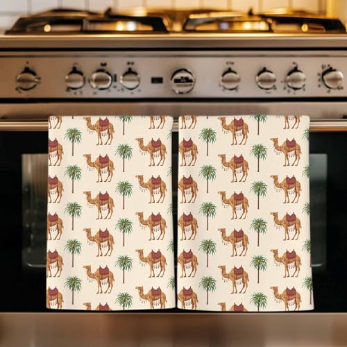 Camels Palm Trees Kitchen Towels Set of 3, Ultra Absorbent Dish Towels Quick Drying Microfiber Hand Towel Decorative Summer Tropical Plants Animals Tea Towel Dishcloths for Kitchen Cleaning 18"x28" - color: Brown Beige, size: 3 Pack