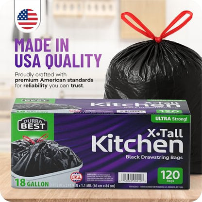 Heavy-Duty Trash Bags – 120 count, 18 Gallon Black, Ultra Thick Drawstring Garbage Bags – Leak-Resistant for Home & Commercial Use, Big Trash Bags, Made in USA - color: Black