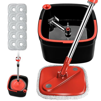 Spin Mop and Bucket Set with Self Separation Dirty and Clean Water System Square Mop Bucket Self Wringing 360° Rotating Clean Mop-Head for Hardwood Tile Marble Floors (Black+Red, 10 Pads) - size: Black+Red Mop Set with 10 Pads
