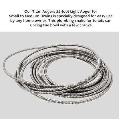 .25-in. Diameter Steel 25-Foot Light Auger for Small to Medium Drains 7710025, Hand-Cranked Toilet Snake and Drain Clog Remover, Plumbing Snake for Toilets and 2-inch Wide Drains - size: 25 Feet