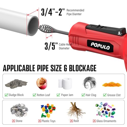 POPULO 12V Cordless Electric Drain Auger, Auto Feed Plumbing Snake Drain for Unclog Sink Drain 3/4"-2" Pipe, 16.8 FT Snake Hair Drain Clog Remover Cleaner Tools for Shower, Kitchen, Bathtub, Sink