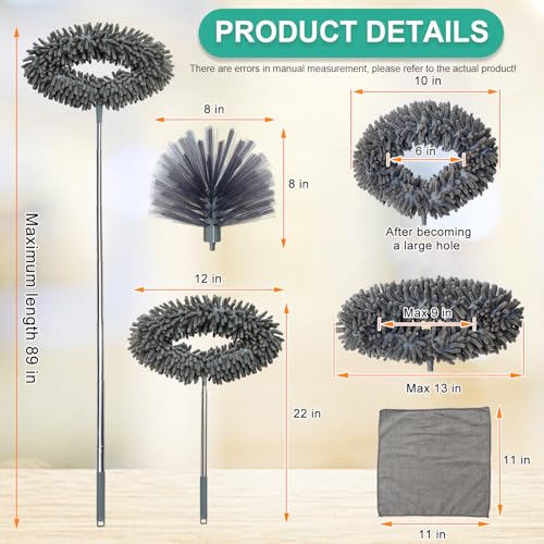 Ceiling Fan Cleaner Duster, Cobweb Duster with Extension Pole, Washable and Reusable Microfiber Duster Set for Cleaning Ceiling Fan, High Ceilings, Walls, Bookshelves, Window Door Top, Cobwebs (Gray)