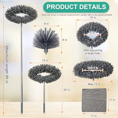 Ceiling Fan Cleaner Duster, Cobweb Duster with Extension Pole, Washable and Reusable Microfiber Duster Set for Cleaning Ceiling Fan, High Ceilings, Walls, Bookshelves, Window Door Top, Cobwebs (Gray)