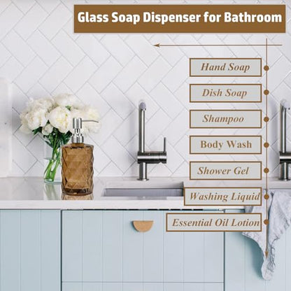12Oz Brown Glass Soap Dispenser with Stainless Steel Pump, Refillable Kitchen Liquid Hand Soap Dispenser with Diamond Design, for Dispense Hand soap, Dish Soap, Lotion, Bathroom, Countertop, Hotel - color: Brown Diamond