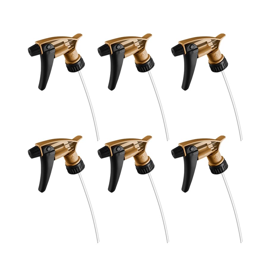 Nanoskin 6-Pack Acid Resistant Trigger Sprayer - Gold, 9 1/4" Dip Tube | High Output, Ergonomic Design, Durable Construction, Adjustable Nozzle for Mist and Stream, Ideal for Acid-Based Cleaners