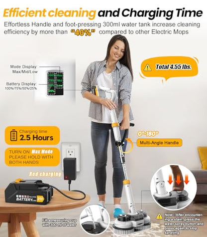 qimedo 800RPM Cordless Electric Mop, 6000mAh Battery Electric Power Scrubber & Mops for Floor Cleaning, Best Automatic Spin Mops with Smart Display,Rotating Mop with LED Light & Water Spray